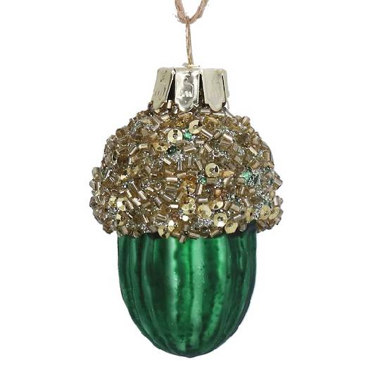 INDENT - Pack 12, Glass Acorn Green, Gold Bead Top 6cm